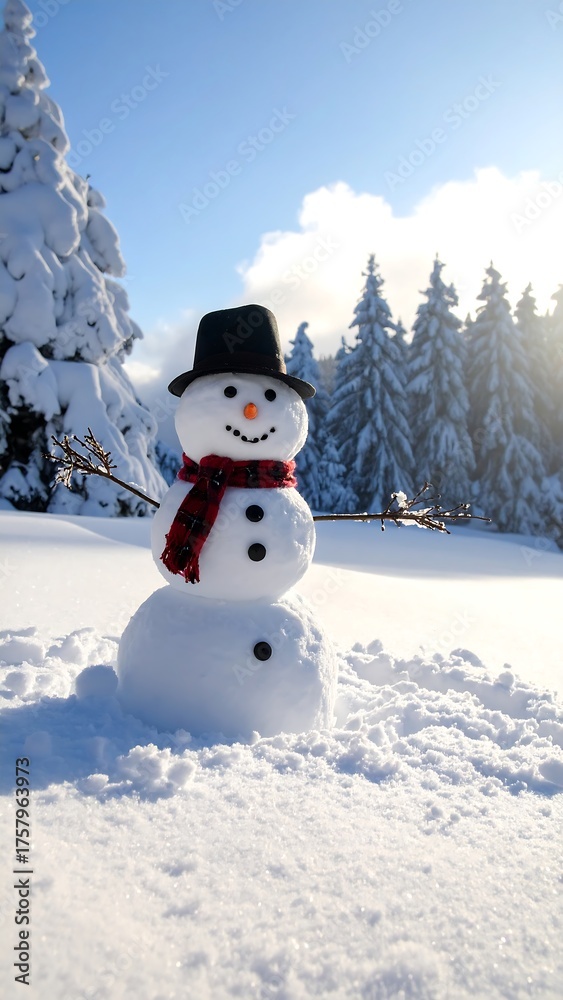 Obraz premium Cheerful snowman wearing a hat and scarf, snowy forest background