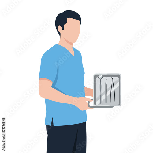 Dentist holding tray with dental instruments