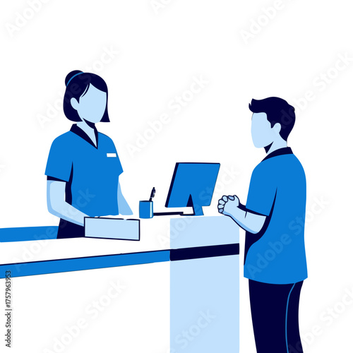 Customer service representative assisting client at counter with computer and pen holder