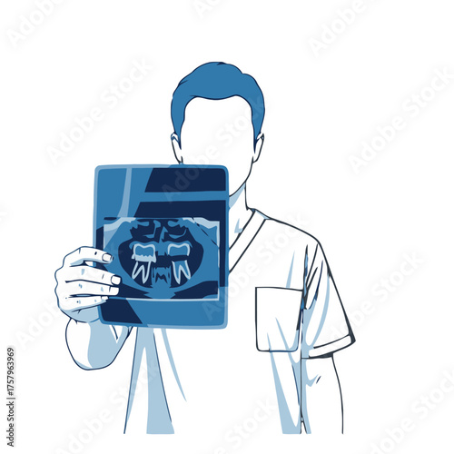 Dentist holding up dental xray film, showing teeth and jawbone structure to the viewer