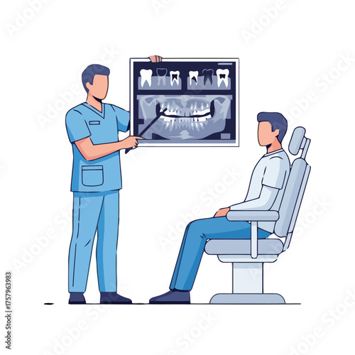 Dentist showing dental xray to patient seated in dental chair, explaining the diagnosis and treatment plan