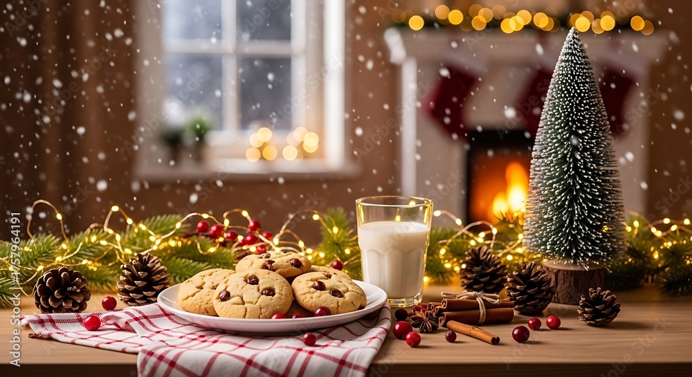 Fototapeta premium Cozy Christmas evening with cookies and milk for Santa by a warm fireplace.