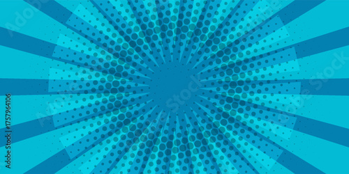 Halftone dots on blue background. Comic pop art style blank layout. Template design for comic book, presentation, sale or web banner. Vector illustration