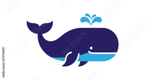 Adorable blue whale illustration with a water spout on a white background