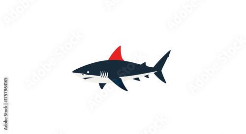 Stylized shark illustration with a prominent red dorsal fin on a white background