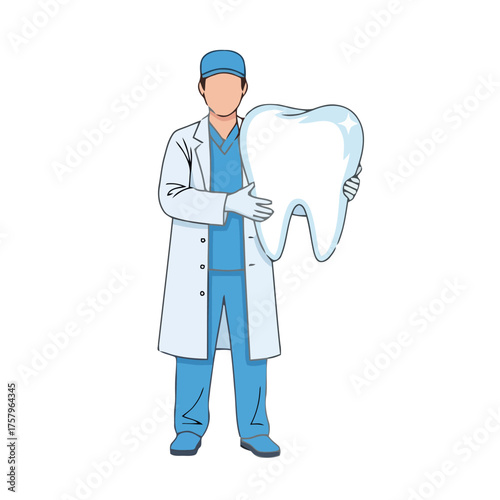 Dentist in scrubs and lab coat holds large, healthy tooth