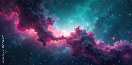Cosmic nebula cloud with glowing stardust and swirling galactic dust, space themed banner A majestic, highly detailed cosmic nebula in swirling shades of deep teal, magenta, and gold. Tiny, glowing
