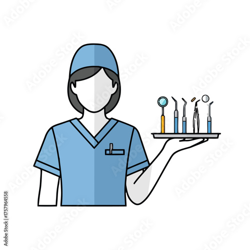 Dentist in scrubs holding tray with dental instruments, symbolizing dental tools and professional dental care