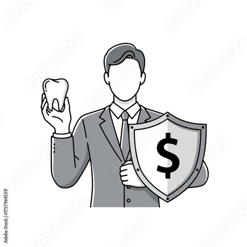 Man in suit holding tooth and shield with dollar sign, representing dental insurance or financial protection for dental care