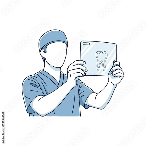 Dentist examining dental xray, showing tooth on radiograph, representing dental diagnosis and analysis