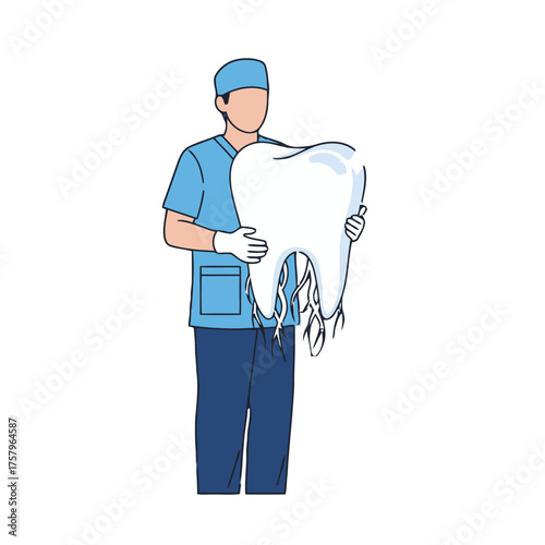 Dentist in scrubs and cap holding large, decaying tooth with exposed roots, symbolizing dental problems and decay