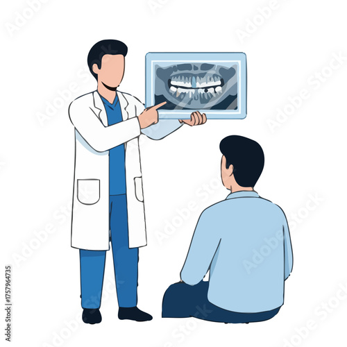 Dentist showing dental xray to patient, discussing oral health and treatment options