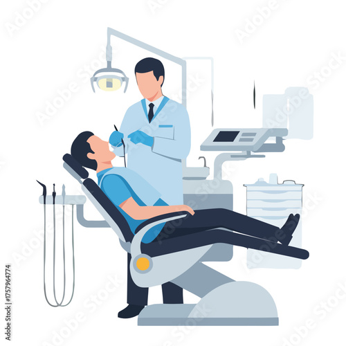 Dentist examining patient in dental chair, with medical equipment in the