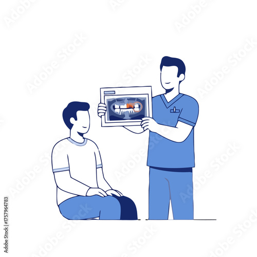 Dentist showing dental xray to patient in clinic