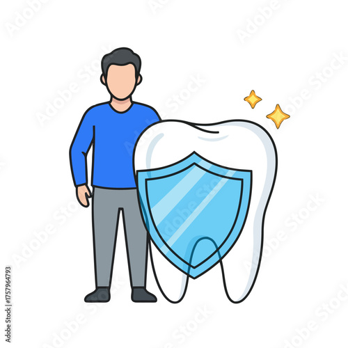 Man standing next to large tooth with protective shield, symbolizing dental care and protection