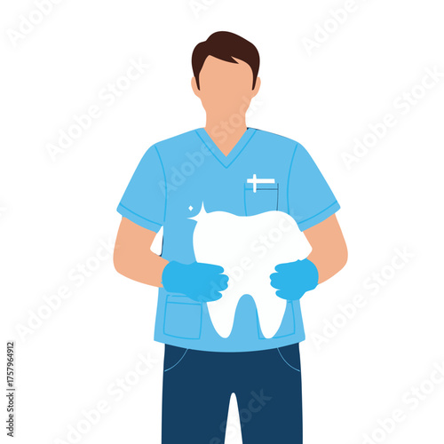 Dentist in blue scrubs and gloves holds large, sparkling tooth, representing dental care and oral hygiene