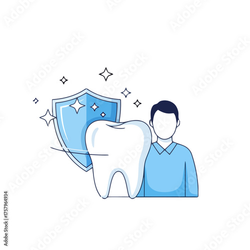 Man in light blue collared shirt stands beside large tooth protected by sparkling blue shield, representing dental protection and security