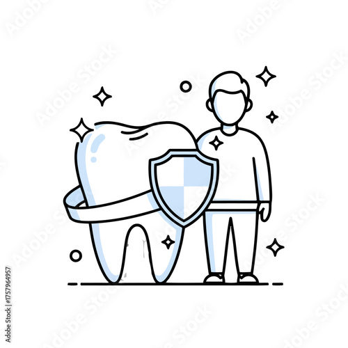 Stylized healthy, sparkling tooth wrapped with shield, standing next to person, representing dental protection, oral hygiene, and strong teeth