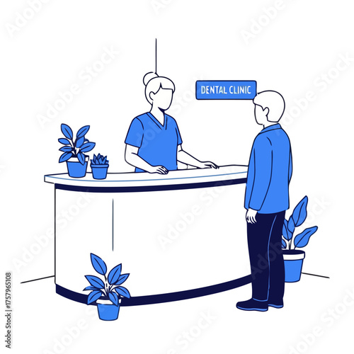 Patient checking in at the reception desk dental clinic with receptionist and potted plants