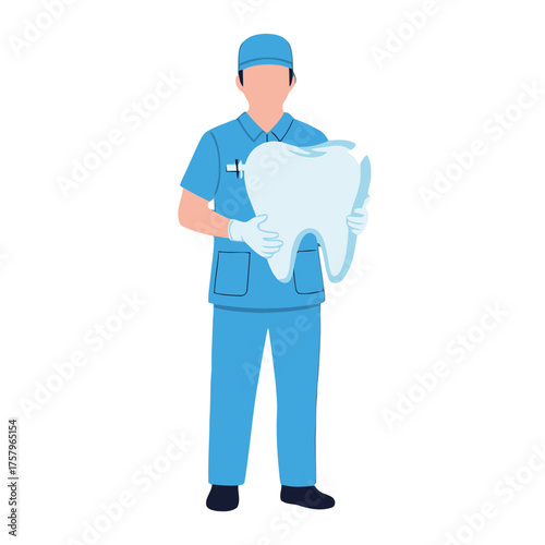 Full body shot dentist in blue scrubs and cap holding large, healthy tooth, , representing dental health and care