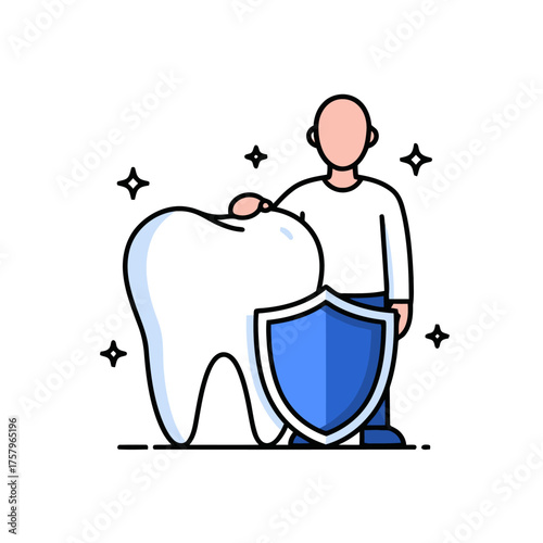 Person standing with large tooth protected by shield, representing dental insurance, protection, security, and strong oral health against decay and problems