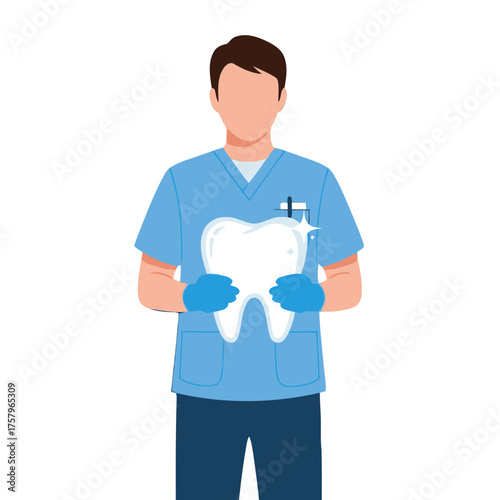 Dentist wearing blue scrubs and gloves holds large, sparkling tooth