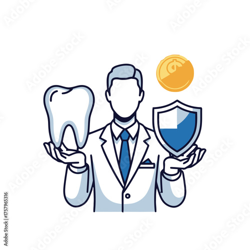 Dentist holds tooth in one hand and shield with dollar sign in the other, representing dental insurance
