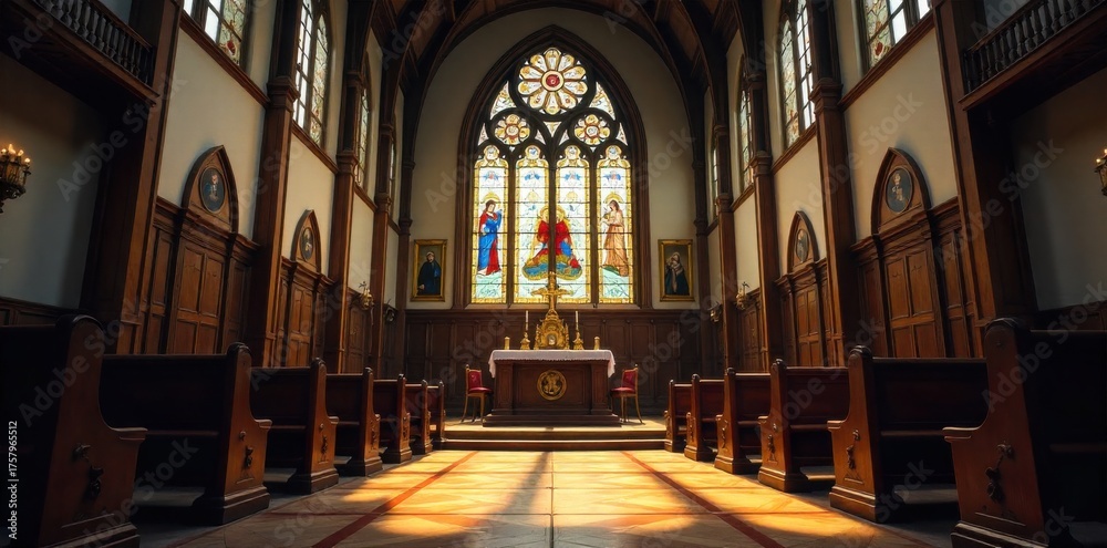 Obraz premium Light streaming through stained glass windows in a quiet, empty church sanctuary. Interior of a grand church sanctuary, viewed from a low angle. Sunlight streams through a large, ornate stained glass