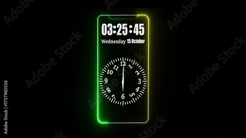 This type of application transforms a user's neon phone screen into a stylish live clock, often featuring glowing, customizable digital and analog clock designs with various themes and fonts.4k video