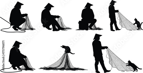 "Fisherman wearing conical hat preparing fishing net with playful cat, traditional village lifestyle, cultural heritage, rural work, vector silhouette illustration"