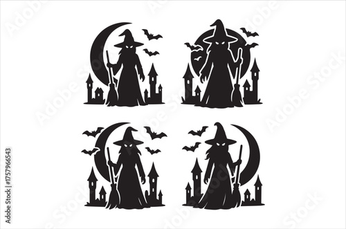 Spooky halloween silhouettes including witches cats ghosts and other creepy elements