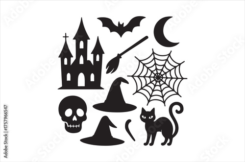 Spooky halloween silhouettes including witches cats ghosts and other creepy elements
