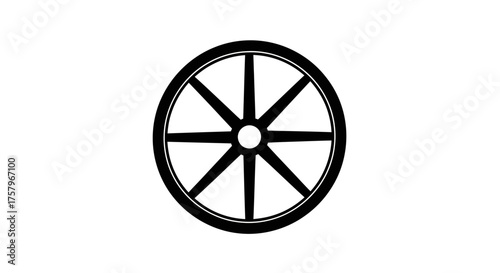 Simple monochrome image of a classic eight-spoked wheel with a solid black outline