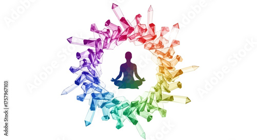 Meditating figure surrounded by a colorful crystal aura promoting wellness and spiritual harmony