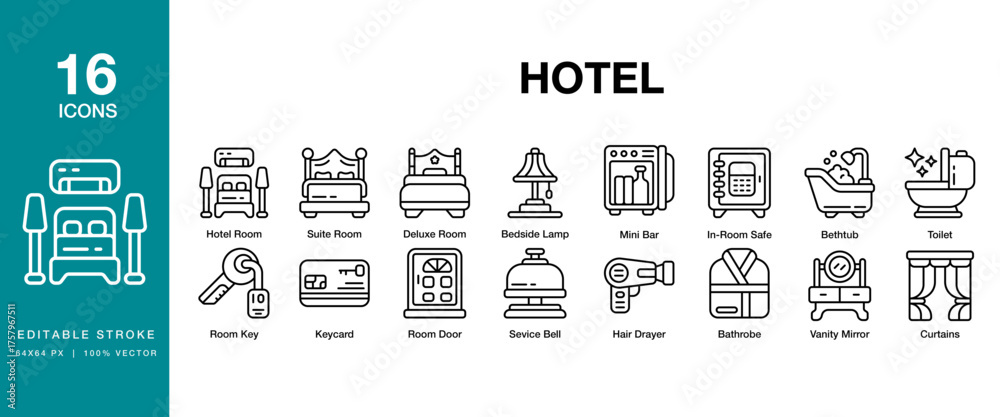 Naklejka premium Hotel icon set. Includes hotel, luxury, vacation, accommodation, resort and More. Editable Stroke Icon Collection.
