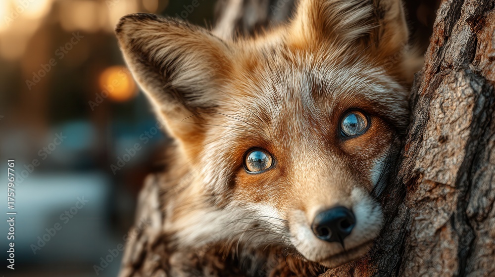 Obraz premium Intense gaze of a fox peering curiously from behind a tree, a stunning wildlife portrait capturing the animal's beauty and wilderness charm