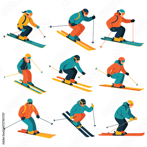 Winter Skiing People Set – Active Skiers in Motion Wearing Colorful Outfits and Helmets, Flat Vector Illustration of Winter Sports and Outdoor Adventure Activities