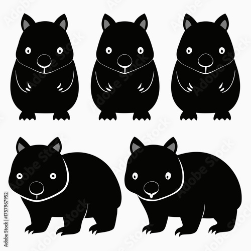 Adorable black wombat vector illustrations set cute australian marsupial graphic designs