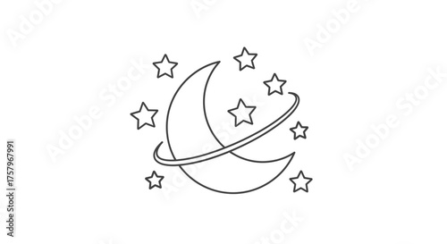 Elegant crescent moon and stars graphic illustration with celestial orbit line art design dreamy