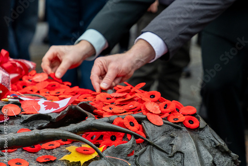 People placing red poppy flowers on Remembrance Day in Ottawa, Canada