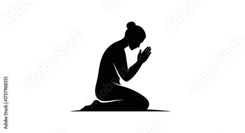 Silhouette of a woman kneeling in prayer conveys spirituality and contemplation with elegance and