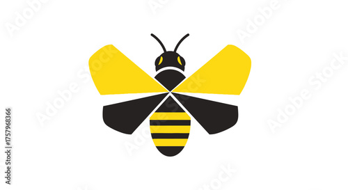 Striking minimalist bee illustration with bold yellow and black colors on white background