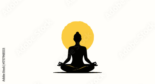 Silhouette of a woman in lotus position meditating with a radiant yellow sun