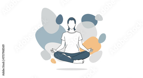 Meditating woman in lotus position with abstract organic shapes background promoting mindfulness