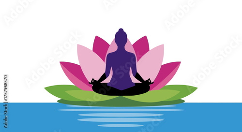 Serene yoga practice silhouette on a lotus flower amidst tranquil water illustration
