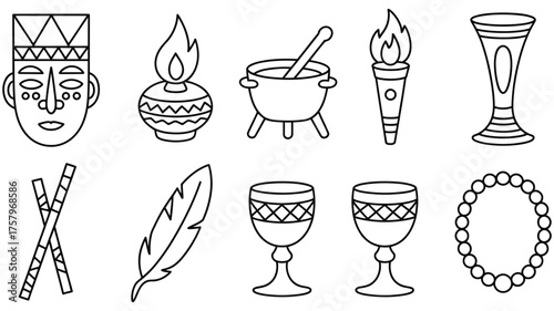 Ethnic Tribal Line Art Collection – Hand Drawn Ritual Symbols Including Mask, Cup, Torch, Feather, and Ornament Elements for Ancient Culture and Ceremony Illustration