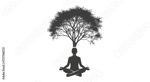 Meditating figure with tree growing from head symbolizing inner growth and mindfulness promoting