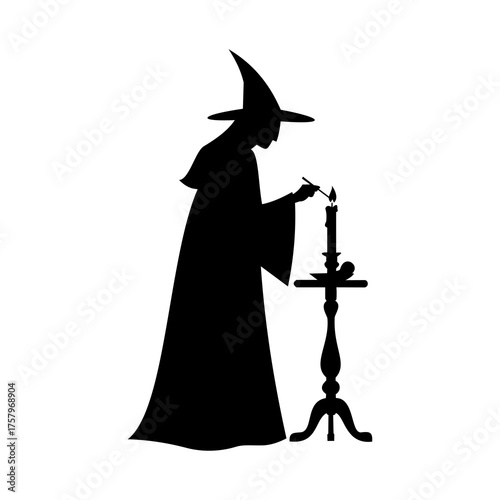 Black silhouette of a wizard in a pointed hat and robe lighting a candle on an ornate candlestick.