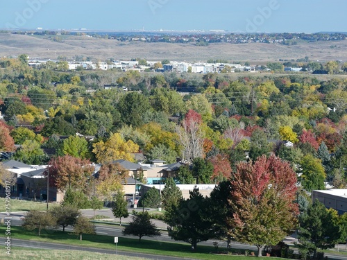 Colorful Autumn Trees in Louisville, Colorado with Distant View of Denver International Airport