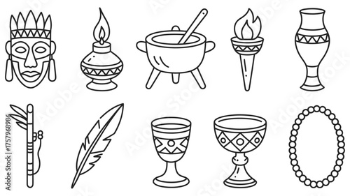 Tribal Ritual Objects Outline Set – Traditional Mask, Torch, Drum, Chalice, Feather, Necklace, and Pottery Vector Icons for Cultural, Ethnic, or Spiritual Design Projects
